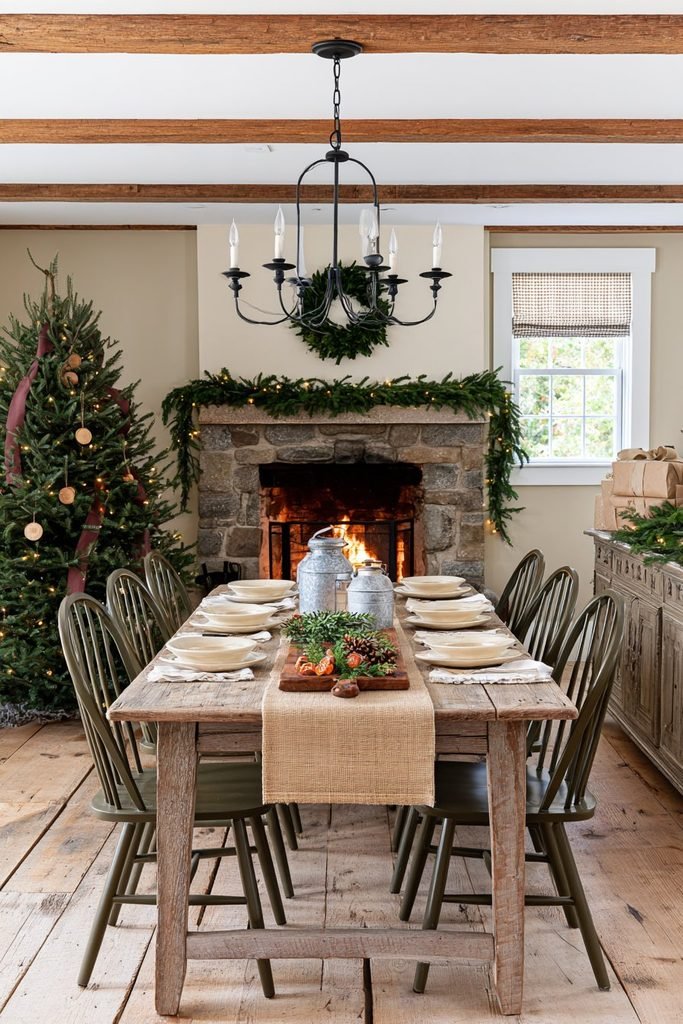Rustic farmhouse Christmas dining table decor featuring a reclaimed oak trestle table, spindle-back chairs, natural greenery, and cozy seasonal accents.