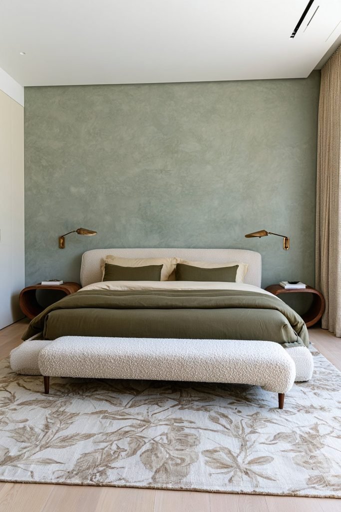 Muted sage green Venetian plaster bedroom wall with natural linen bedding, walnut furniture, and brass sconces