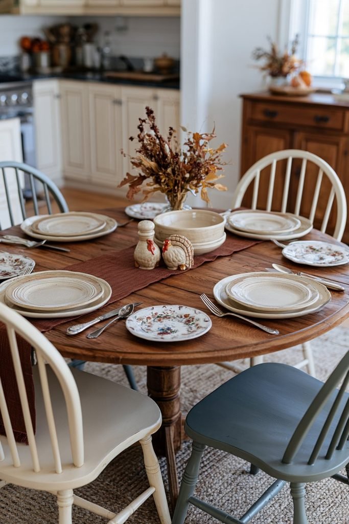 Vintage Thanksgiving table with ceramic turkey salt and pepper shakers, turquoise and cream dining chairs, and a colorful 1950s kitchen interior.