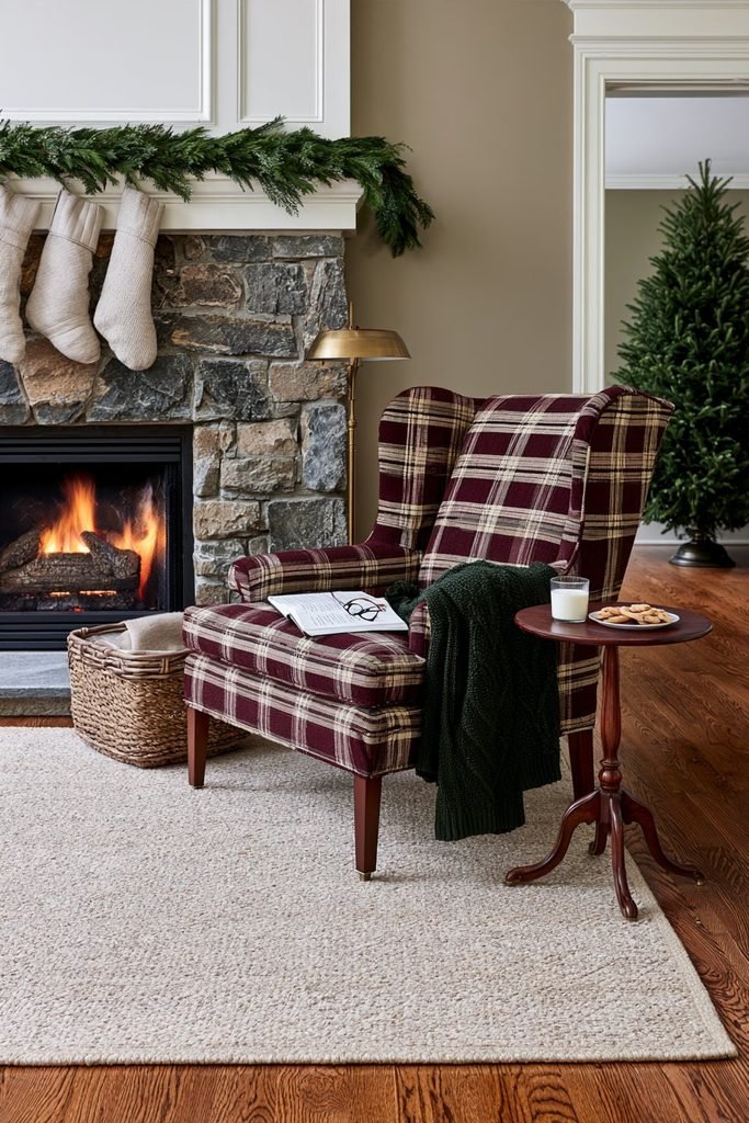 Cozy Christmas reading corner with a plaid wingback armchair beside a stone fireplace, cookies, milk, and a green knitted throw.