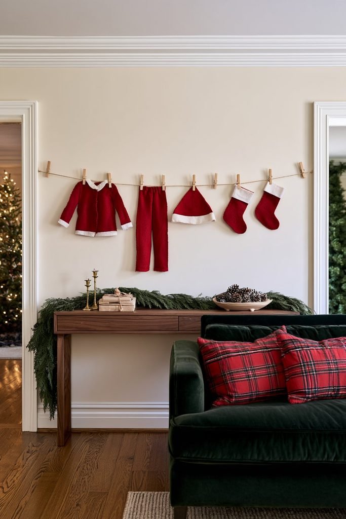 DIY Santa clothesline with miniature felt jacket, red trousers, Santa hat, and Christmas stockings clipped above a decorated console.