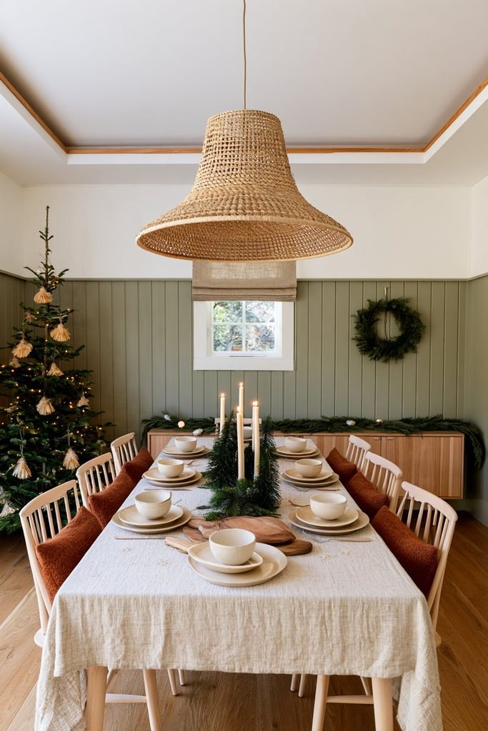 Scandinavian Christmas dining table decor with a pale ash oval table, minimalist wishbone chairs, understated greenery, and warm holiday lighting.