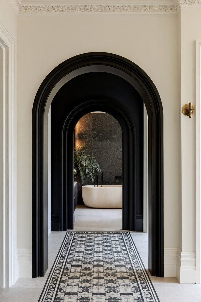 Dramatic dark arched doorway creating a transition from a bright Victorian hallway to a spa bathroom.