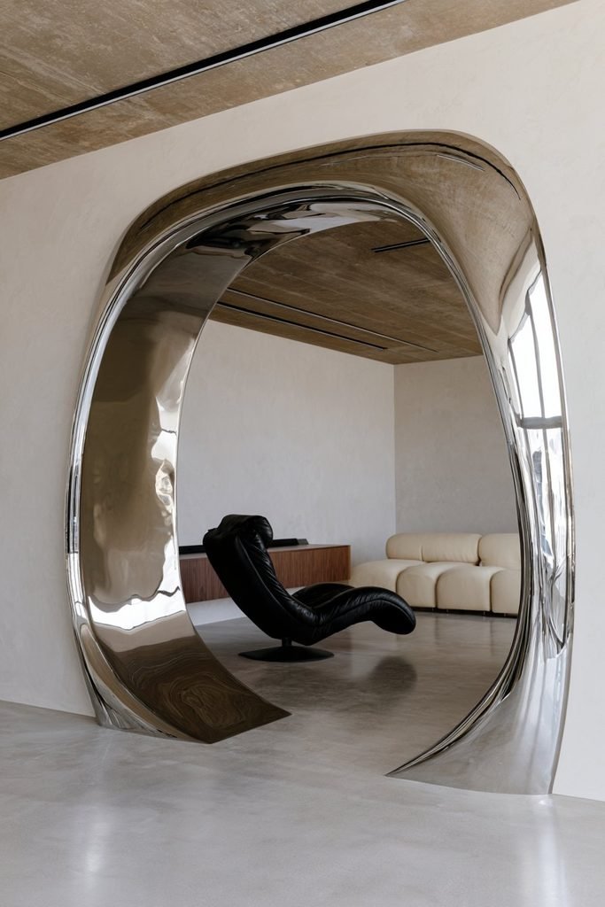 Oversized polished chrome arched doorway reveal in a contemporary urban apartment.