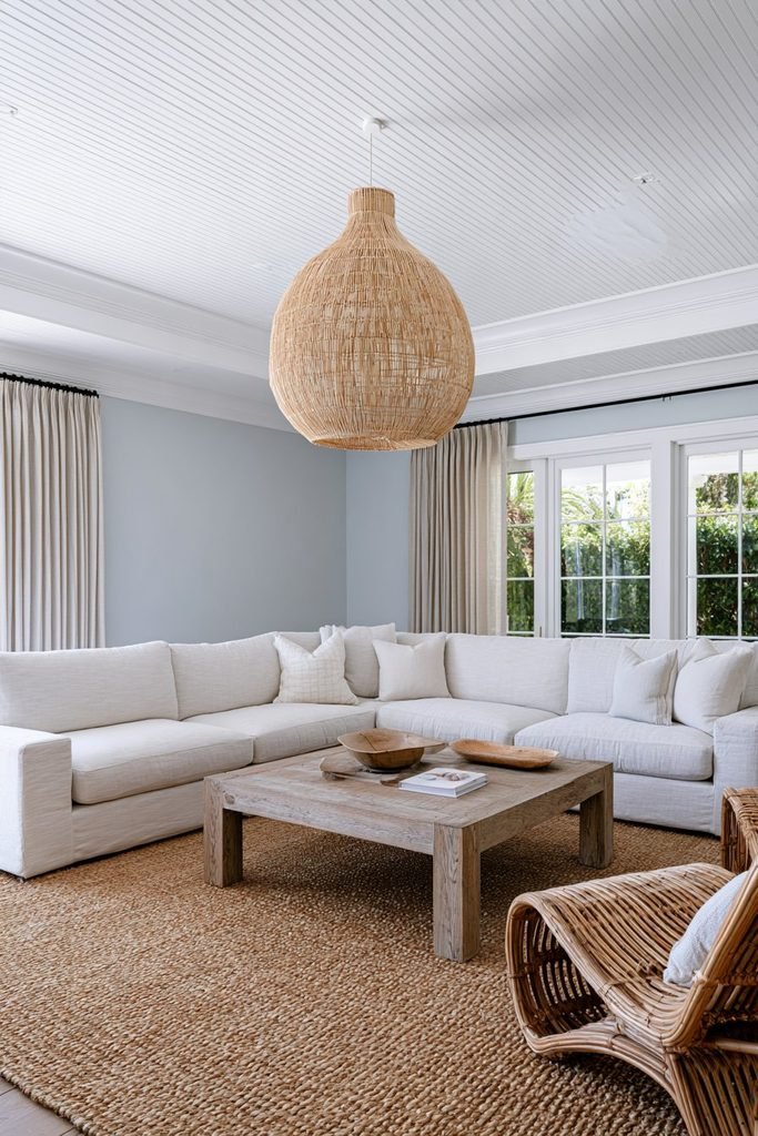 White beadboard statement ceiling with classic molding and woven pendant in a relaxed coastal living room
