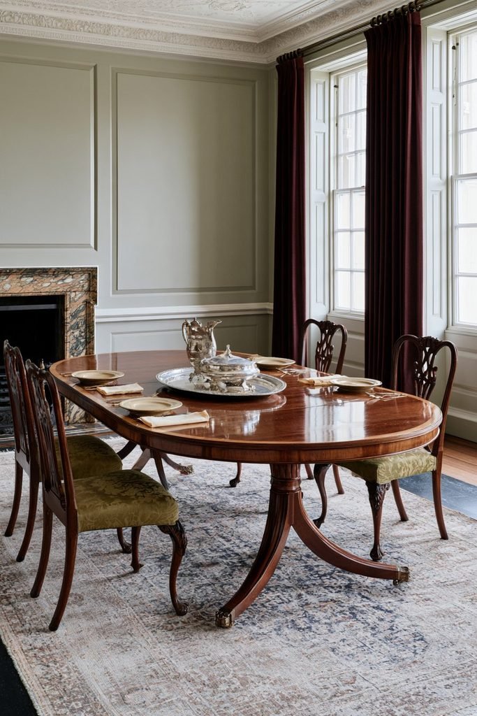 Thanksgiving table decorated with polished silverplate serving pieces, ivory dinnerware, and burgundy upholstered chairs in an Edwardian dining room.