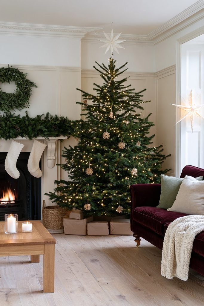 Scandinavian Christmas tree decorated with warm white lights, wooden stars, and straw ornaments in a cozy living room with a fireplace.