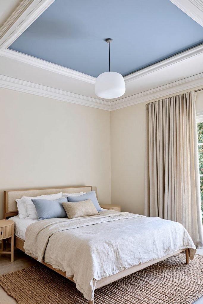 Sky blue recessed statement ceiling with white molding and warm natural bedroom decor