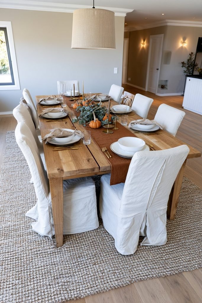 Thanksgiving dining room with an extended oak dining table, cream linen chair slipcovers, extra guest seating, and simple autumn decorations.