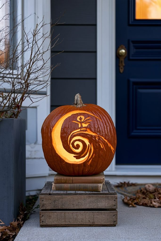 Jack Skellington pumpkin featuring the iconic Spiral Hill scene from The Nightmare Before Christmas for a themed Halloween decoration.