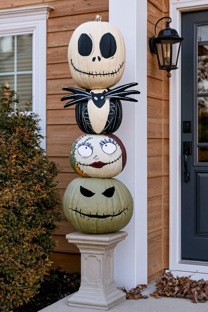 Stacked Nightmare Before Christmas pumpkin totem featuring multiple themed faces arranged vertically for a striking Halloween porch display.