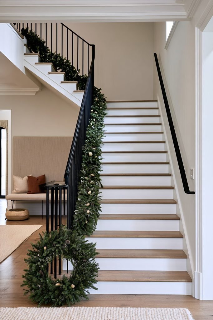 Evergreen Christmas garland running along the lower edge of a staircase with a matching wreath at the foot