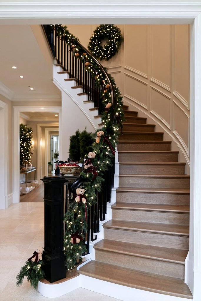 Christmas staircase decorated with lush evergreen garland, small teddy bears, warm string lights, and festive red accents