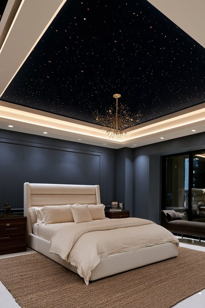 Deep navy starry night statement ceiling with subtle gold stars and elegant bedroom lighting