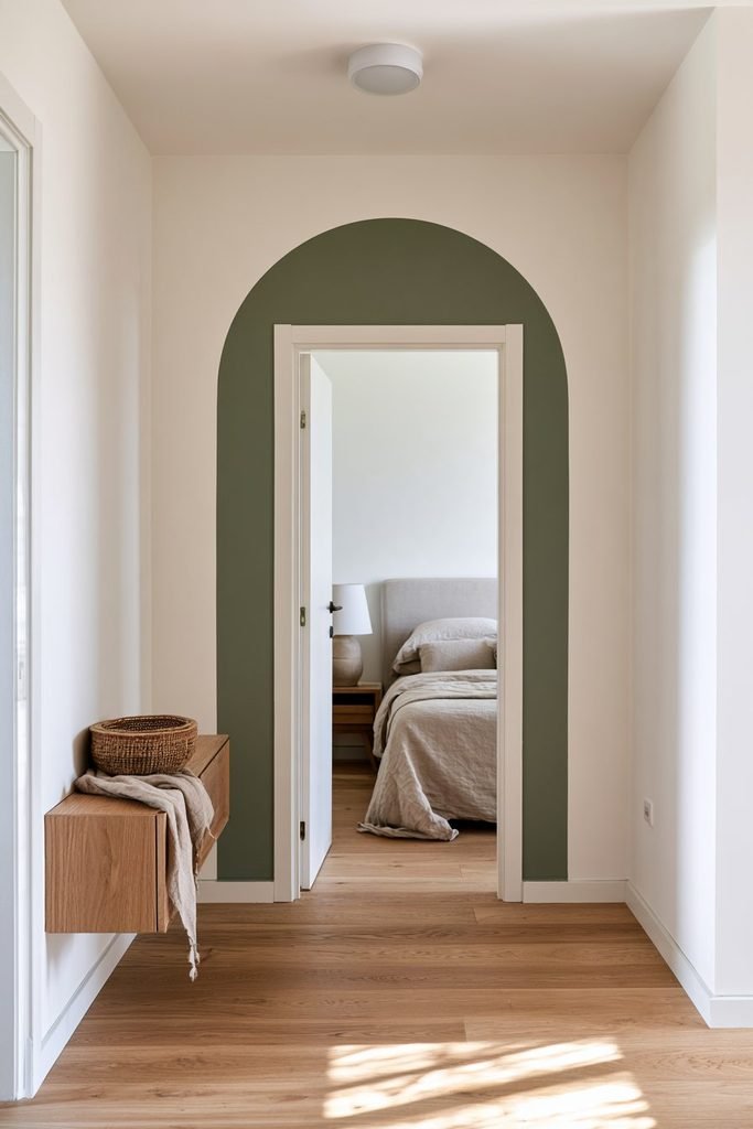 Painted sage-green arch above a standard rectangular doorway creating a budget-friendly architectural effect.