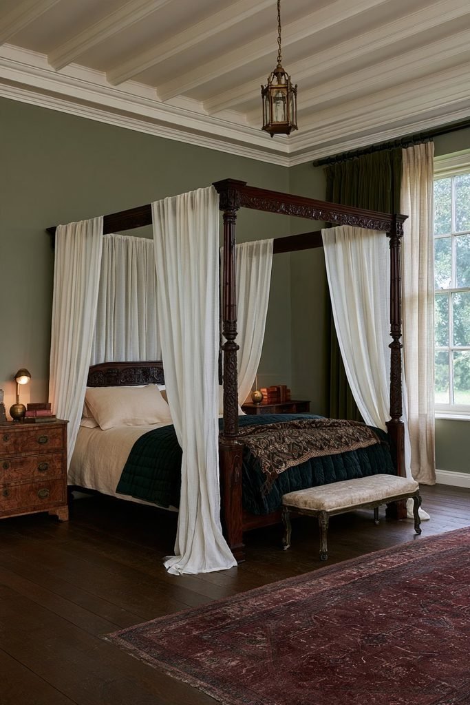 Contemporary dark academia bedroom with a modern dark walnut four-poster bed, sheer linen drapes, layered bedding, and recessed ceiling lighting.