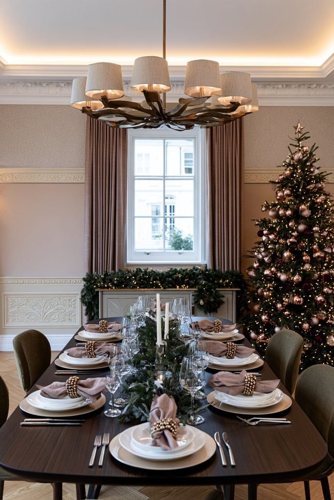 Christmas dining table decor with statement napkin rings, a sage-green oval table, brass pedestal details, dusty rose chairs, and coordinated festive accents.