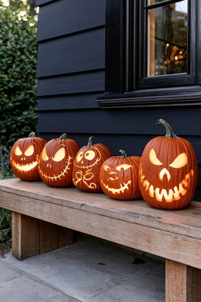 Lineup of Nightmare Before Christmas pumpkins decorated with character stencils for a coordinated Halloween display.