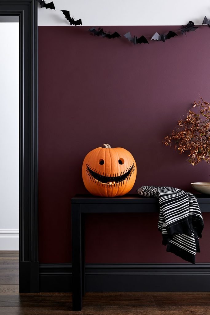 Nightmare Before Christmas pumpkin decorated with Jack Skellington’s wide stitched grin and dark hollow eyes for a spooky Halloween display.
