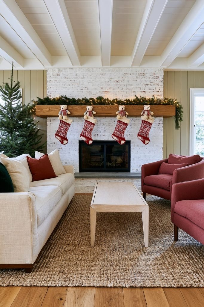 Christmas stockings displayed on teddy bear stocking hangers along a decorated fireplace mantel with festive greenery