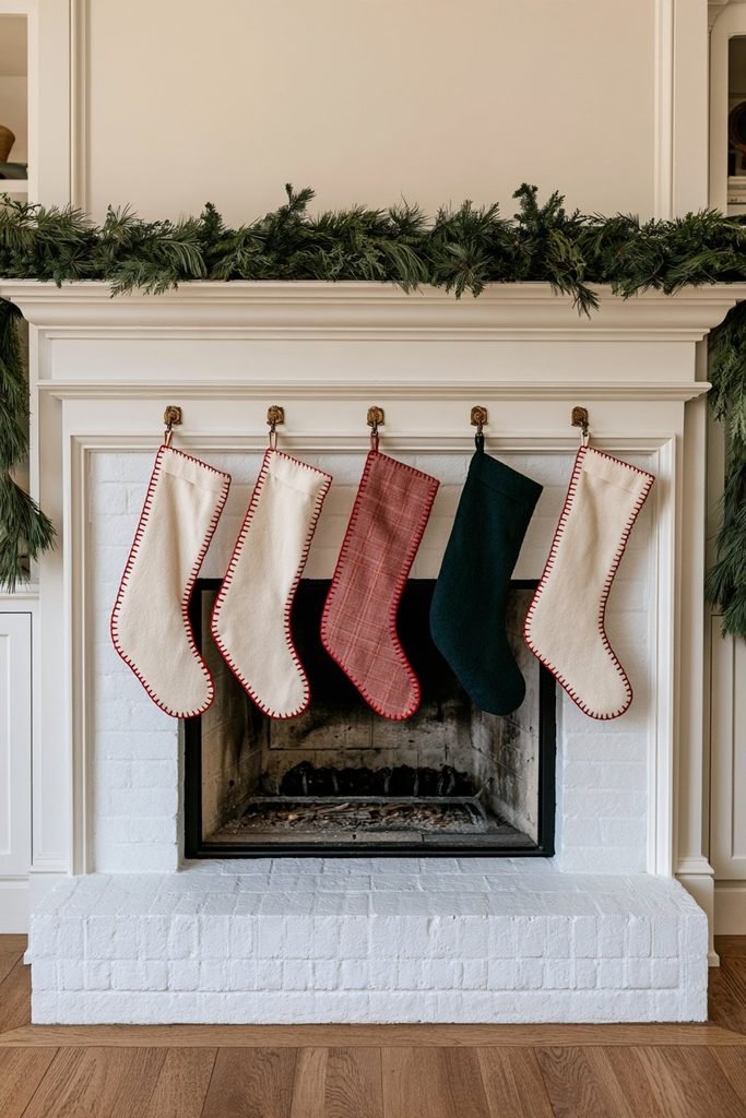 Handmade Christmas stockings in cream felt, red plaid, and green wool hanging from a garland-decorated white fireplace mantel.