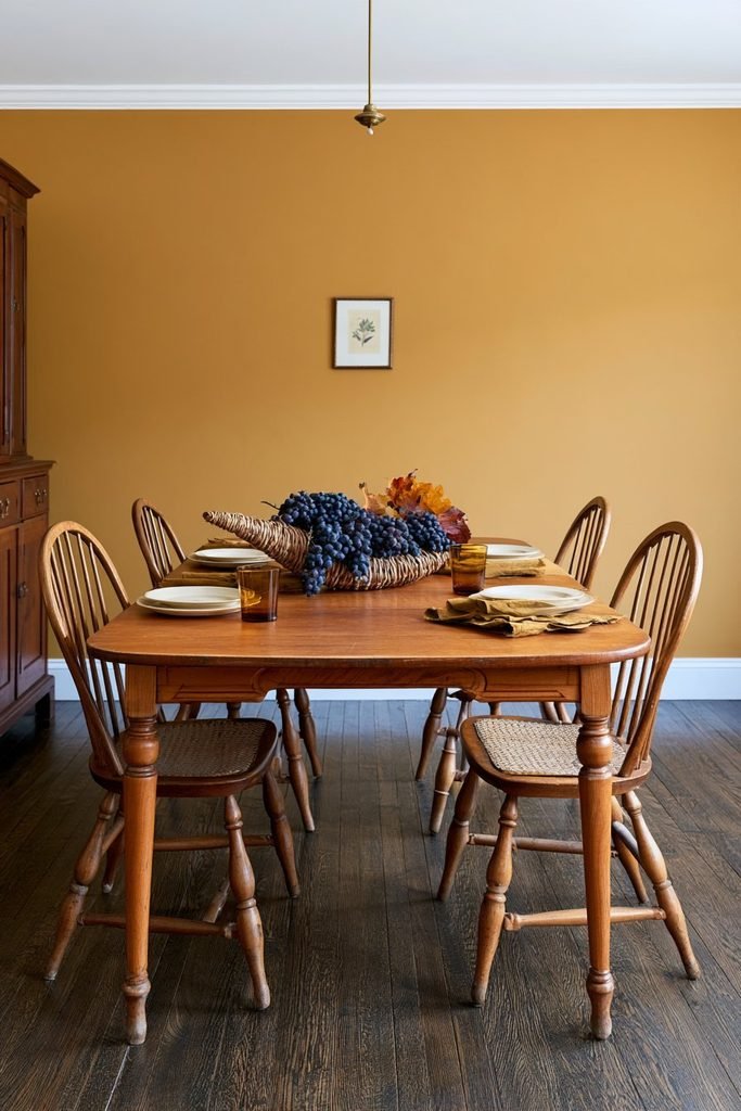 Vintage Thanksgiving dining table with a woven straw cornucopia filled with purple grapes, maple wood furniture, amber glassware, and warm mid-century decor.