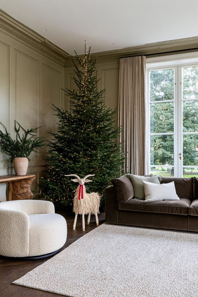Scandinavian Christmas decor featuring a traditional straw Julbock goat with red ribbon beside a naturally decorated Christmas tree in a cozy living room.