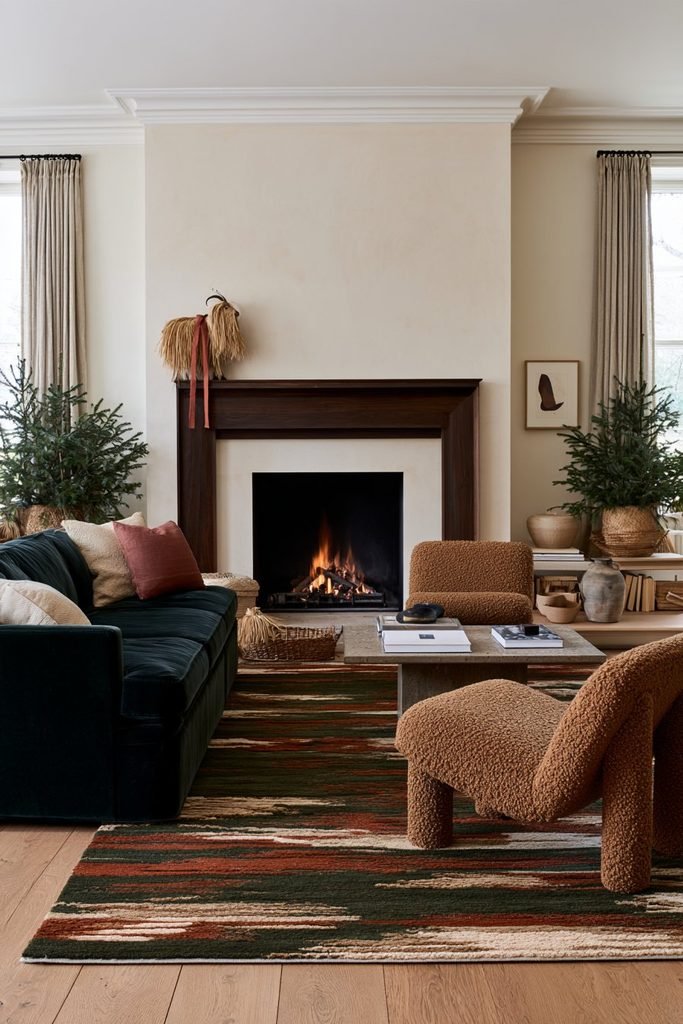 Nordic Christmas living room featuring a traditional Swedish straw Julbock goat on the fireplace mantel with evergreen branches and colorful Scandinavian furnishings.