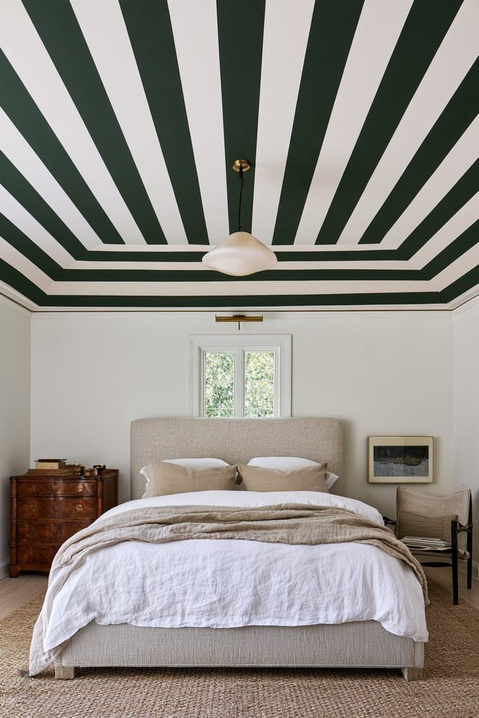 Forest green and warm ivory striped statement ceiling in a sophisticated bedroom with a high-mounted pendant