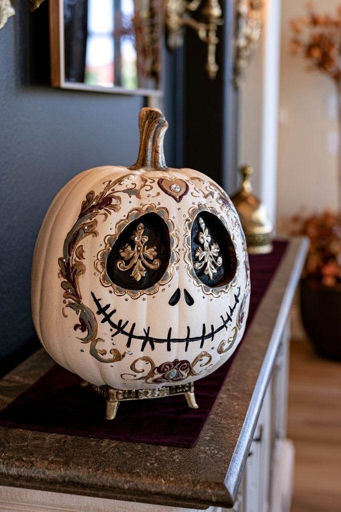 Sugar skull Jack Skellington pumpkin featuring decorative patterns around the eyes and mouth for a creative Halloween display.