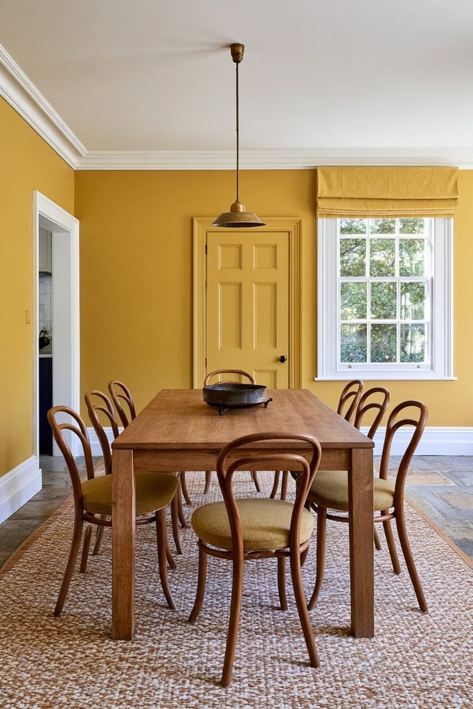 Sunny yellow colour-drenched breakfast room with matching walls, ceiling, woodwork and natural oak dining furniture