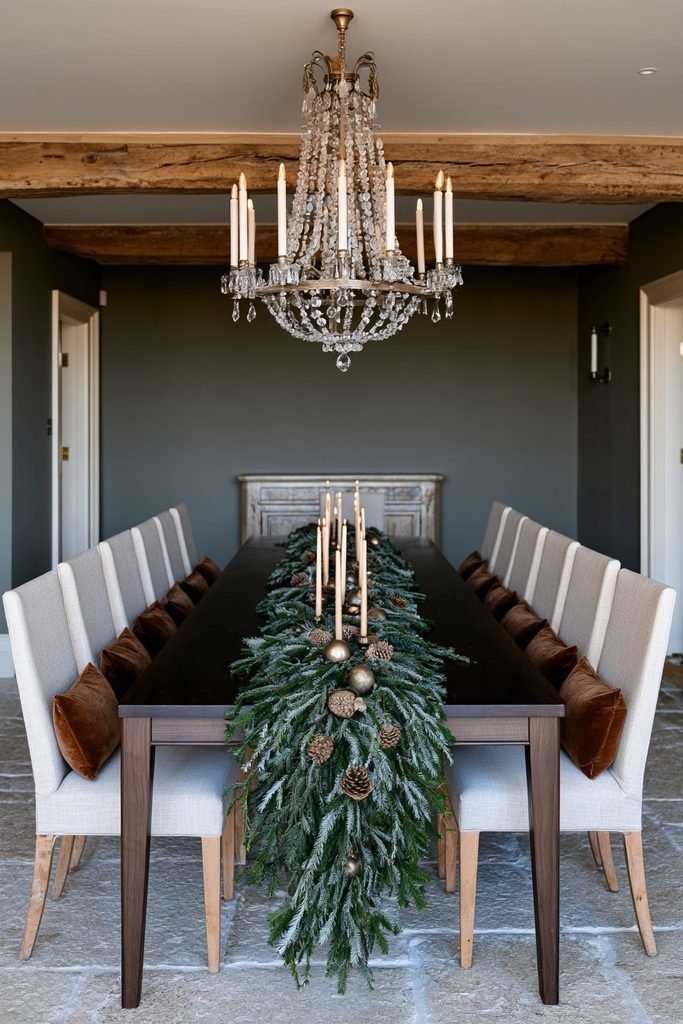 Evergreen Christmas garland used as a festive centerpiece along a dining table