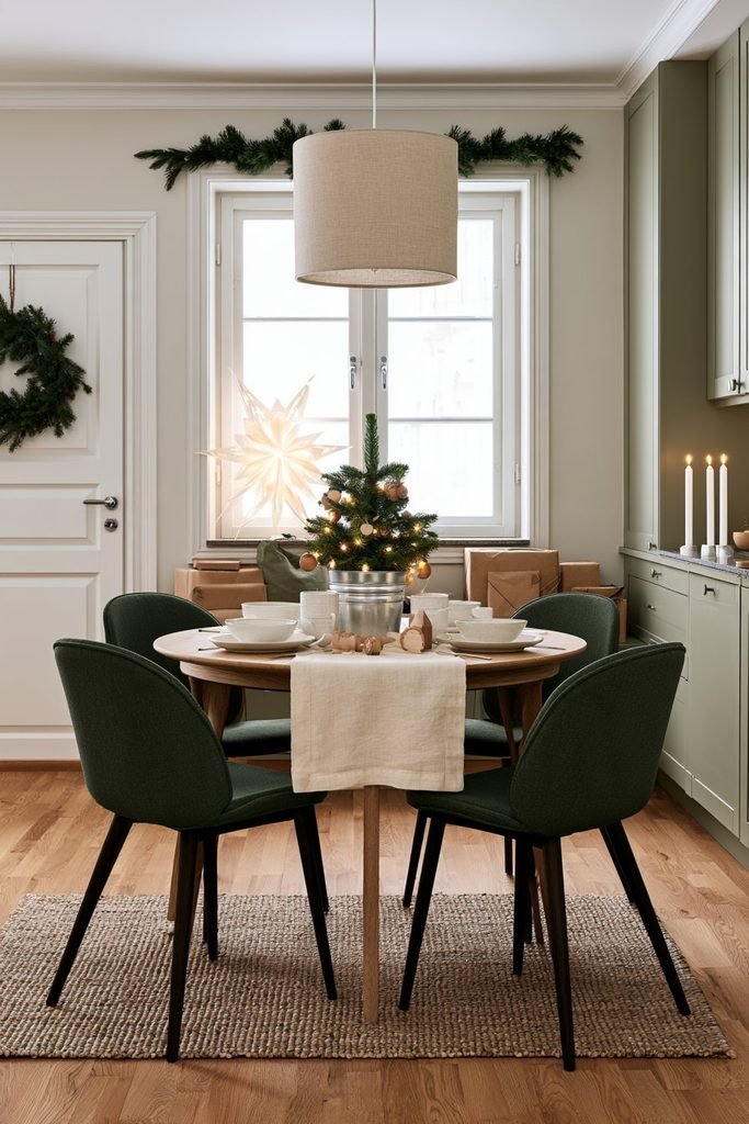 Small potted spruce Christmas tree in a zinc bucket on a wooden dining table in a compact Scandinavian home with natural festive decorations.