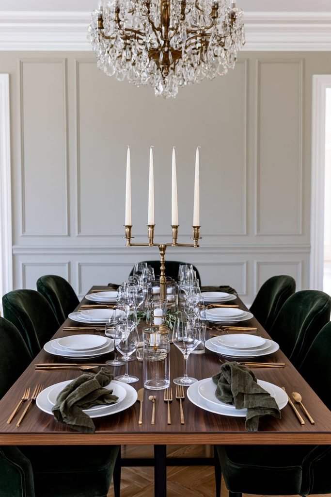 Elegant Thanksgiving dining table with tall brass candelabras, ivory taper candles, olive napkins, and white porcelain dinnerware.