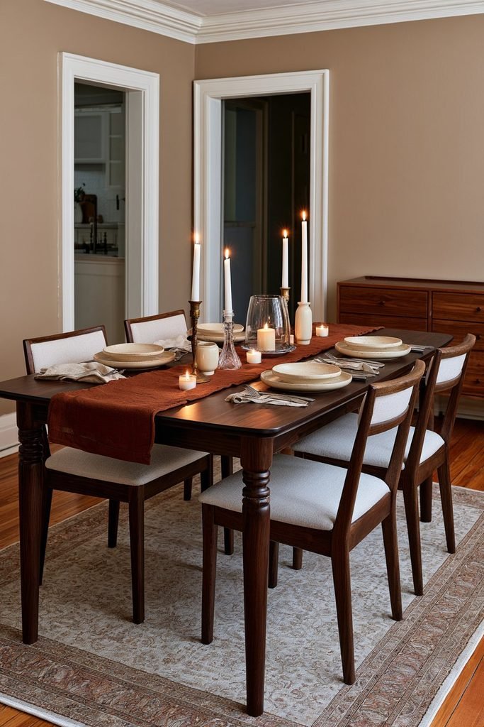 Elegant vintage Thanksgiving dining table with brass taper candle holders, ivory candles, mahogany furniture, and dramatic Georgian dining room decor.