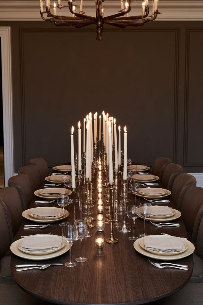 Elegant Thanksgiving table centerpiece with rows of ivory taper candles in brass and glass candlesticks surrounded by glowing votives.