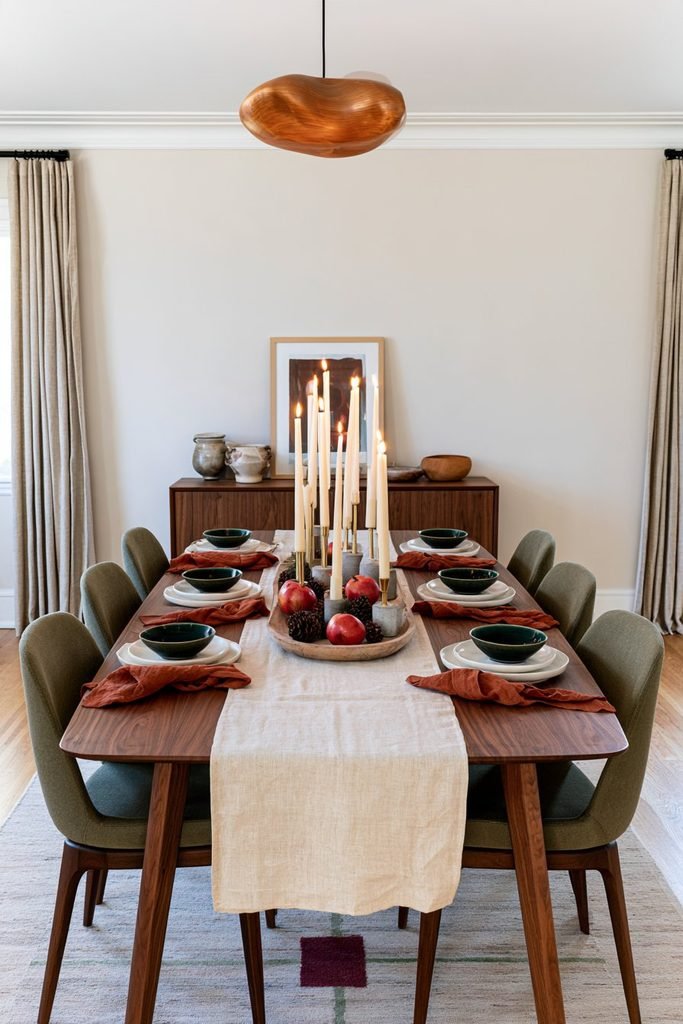 Scandinavian Christmas dining table decorated with taper candles, brass and concrete holders, greenery, pinecones, pomegranates, and colorful Nordic table linens.