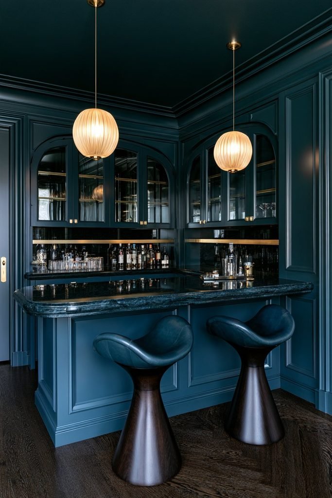 Teal colour-drenched home bar with layered blue-green cabinetry, brass shelving, glass cabinets and warm pendant lights