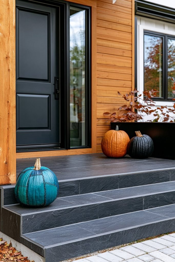 Teal Jack Skellington Halloween pumpkin with dark facial features and a creative color twist on the classic Pumpkin King design.