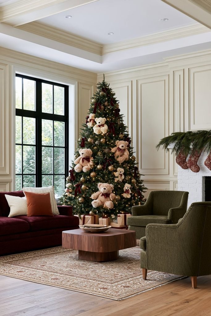 Christmas tree decorated with teddy bear ornaments, plush bears, warm fairy lights, and festive red ribbons in a cozy living room