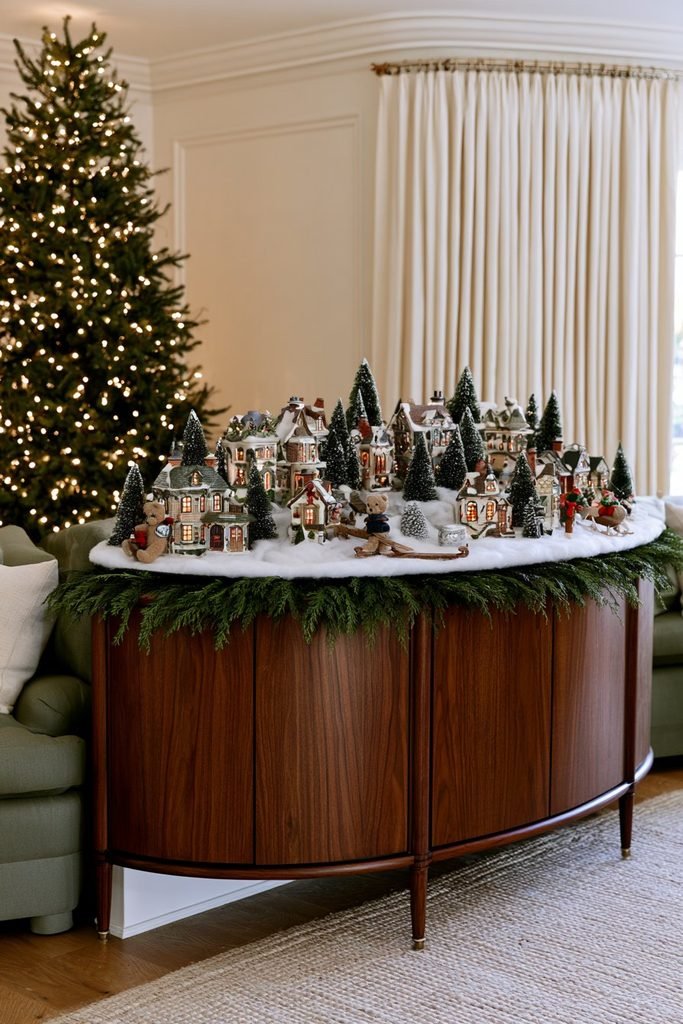 Miniature Christmas village with snowy houses, evergreen trees, warm glowing lights, and teddy bear figures arranged on a festive display