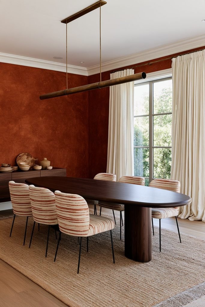 Terracotta Venetian plaster dining room wall with a white oak table, upholstered chairs, and brass pendant light