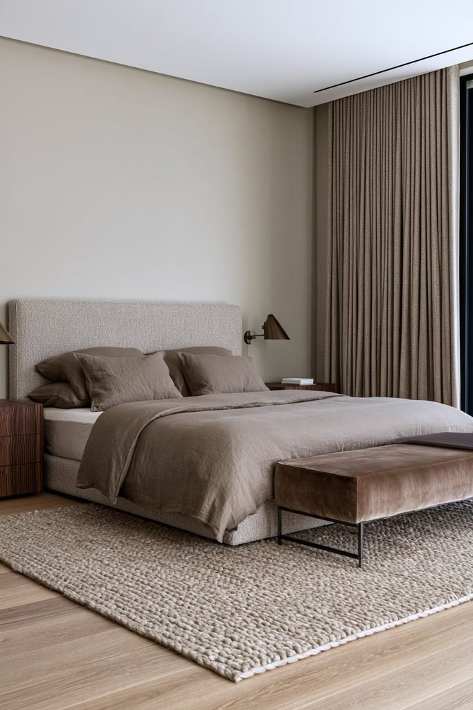 Warm taupe colour-drenched bedroom with bouclé, velvet, linen and woven textiles layered across the tonal interior