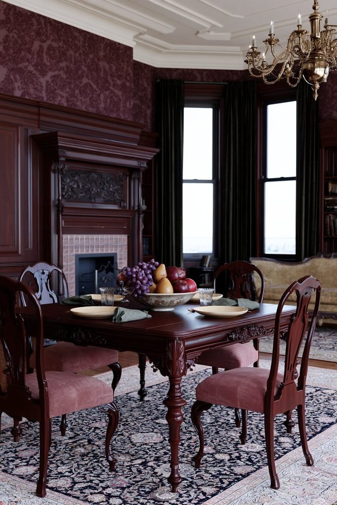 Vintage Thanksgiving table centerpiece featuring a ceramic bowl of red apples, golden pears, and purple grapes in a richly decorated Victorian dining room.