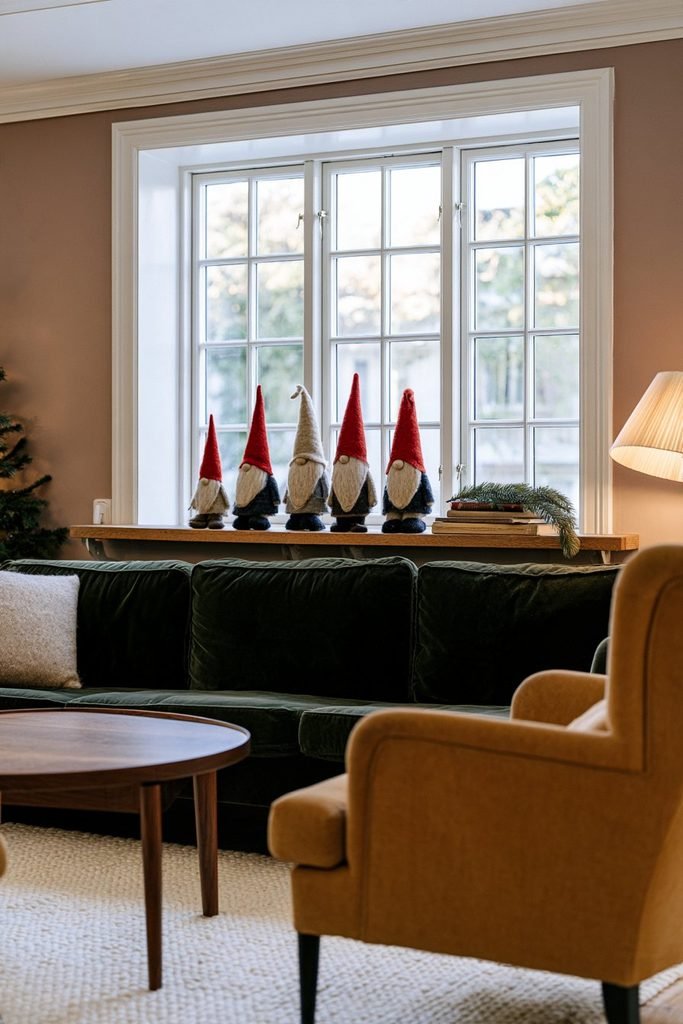 Traditional Scandinavian Christmas tomte gnomes arranged on a wooden windowsill beside books and evergreen sprigs in a cozy living room.
