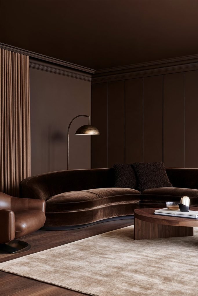 Chocolate brown colour-drenched living room with a tonal velvet sofa, walnut furniture, warm textiles and matching walls
