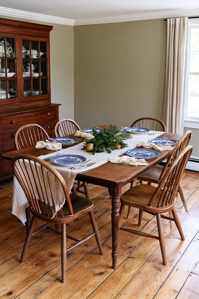 Vintage Thanksgiving dining table decorated with blue and white transferware plates, antique walnut furniture, and a traditional English country house interior.