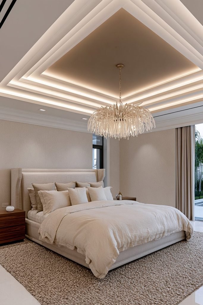 Layered tray statement ceiling with warm concealed cove lighting and a sculptural chandelier in a bedroom