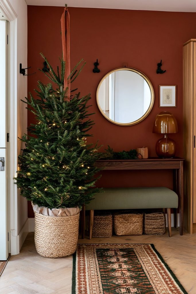 Scandinavian Christmas entryway featuring a small fir tree in a woven basket, sage bench, walnut console, patterned runner, warm lighting, and Nordic holiday accents.