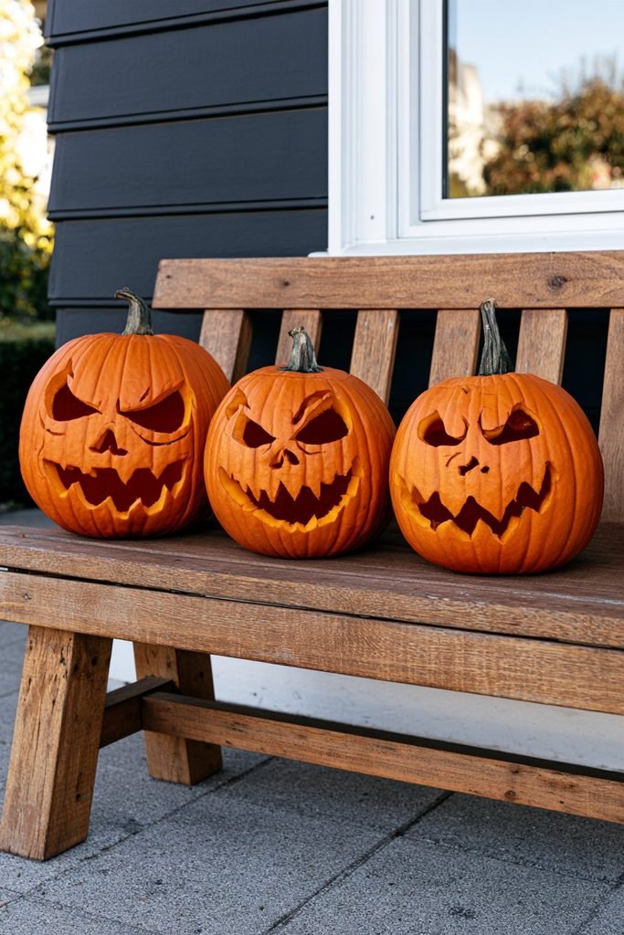 Three Nightmare Before Christmas character pumpkins arranged together as a coordinated Halloween porch display.